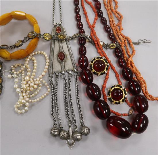 Mixed items including Channel earclips, necklaces, citrine bracelet, amber bracelet and a South American? necklace.